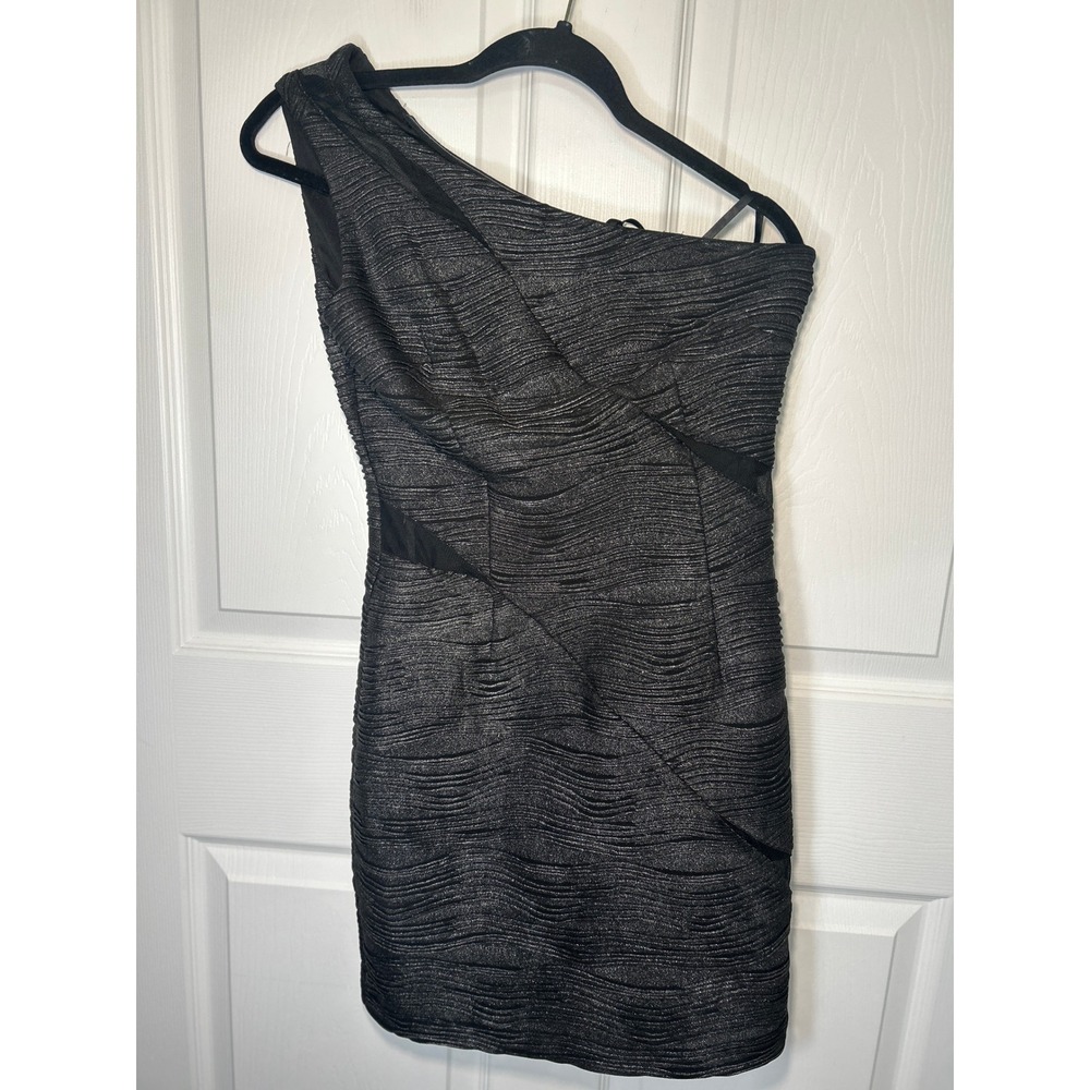 Hailey‎ One Shoulder Mini Dress 4 Black Silver Metallic Mesh Bodycon Party Dress